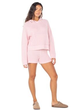 Cozy Waffle Knit Hoodie & Shorts Set - Light Pink Size M
